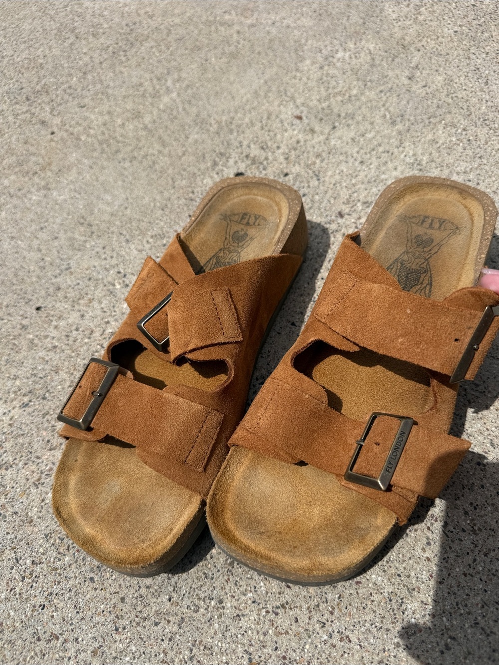 Fly London Brown Suede Double-Buckle Slide Sandals